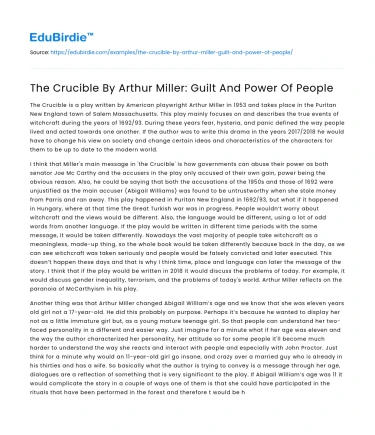 The Crucible By Arthur Miller: Guilt And Power Of People