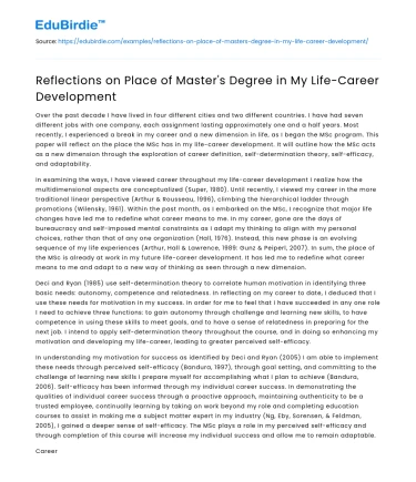 Reflections on Place of Master’s Degree in My Life-Career Development