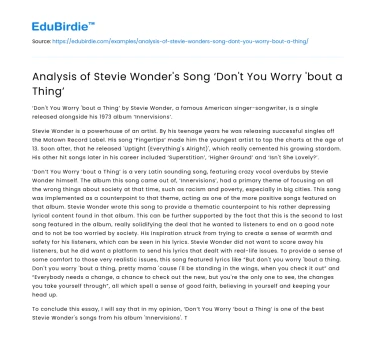Analysis of Stevie Wonder’s Song ‘Don’t You Worry ’bout a Thing’