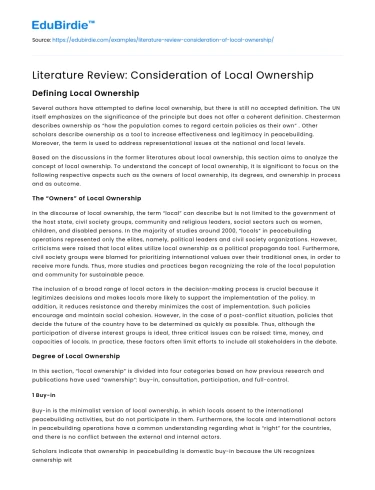 Literature Review: Consideration of Local Ownership