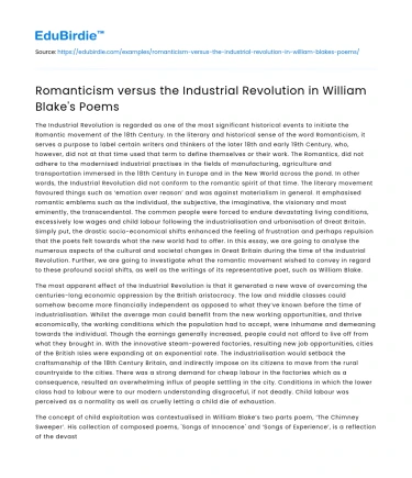 Romanticism versus the Industrial Revolution in William Blake’s Poems
