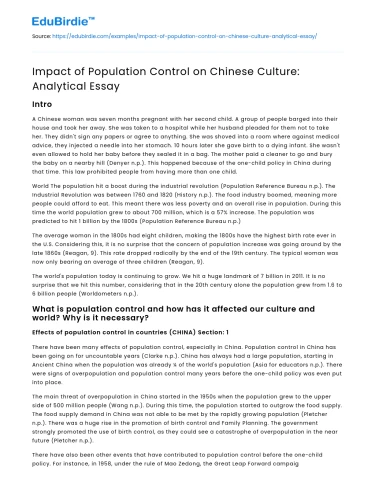 Impact of Population Control on Chinese Culture: Analytical Essay