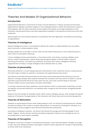 Theories And Models Of Organizational Behavior