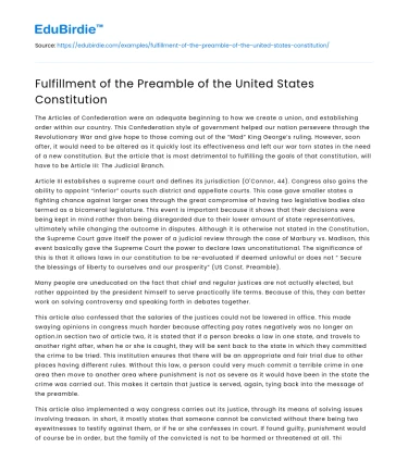 Fulfillment of the Preamble of the United States Constitution