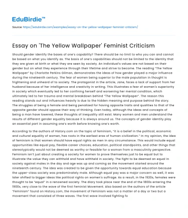 Essay on ‘The Yellow Wallpaper’ Feminist Criticism