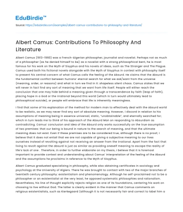 Albert Camus: Contributions To Philosophy And Literature