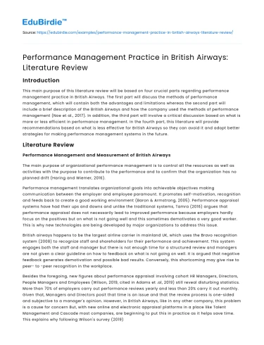 Performance Management Practice in British Airways: Literature Review