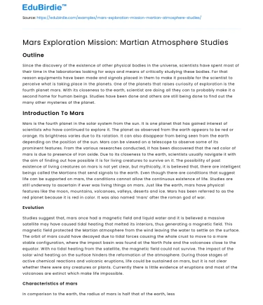 Mars Exploration Mission: Martian Atmosphere Studies
