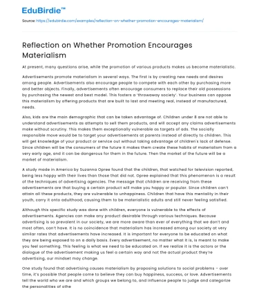 Reflection on Whether Promotion Encourages Materialism