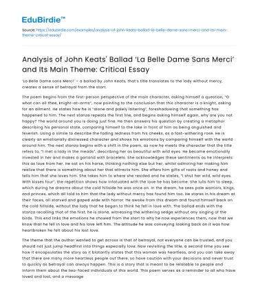 Critical analysis of Keats’ ‘La Belle Dame Sans Merci’ & its main theme