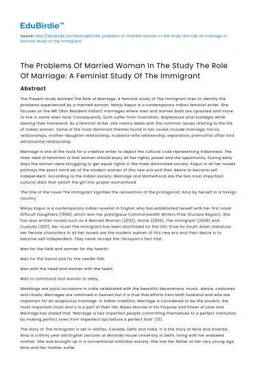 Married Women’s Issues in Immigrant Marriage: A Feminist Study