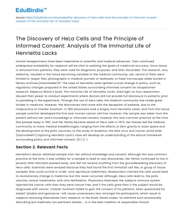 Analysis of HeLa Cells Discovery & Informed Consent in Henrietta Lacks