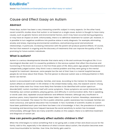 Cause and Effect Essay on Autism