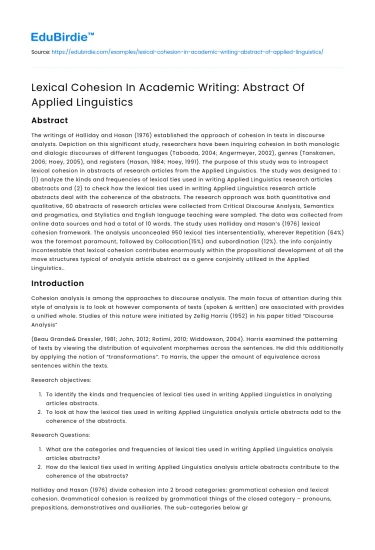 The Role of Lexical Cohesion in Academic Discourse