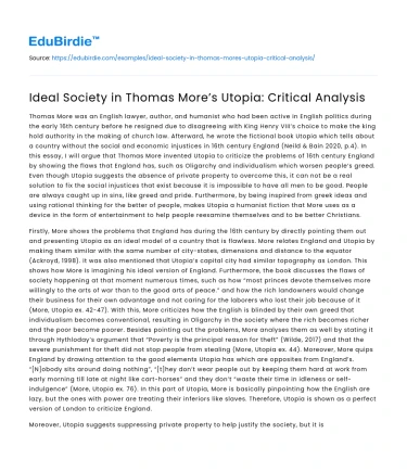 Ideal Society in Thomas More’s Utopia: Critical Analysis