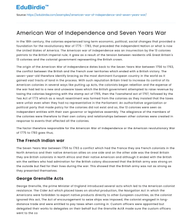 The Seven Years’ War and the American War of Independence