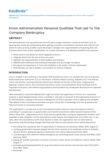 Enron Administration Personal Qualities That Led To The Company Bankruptcy