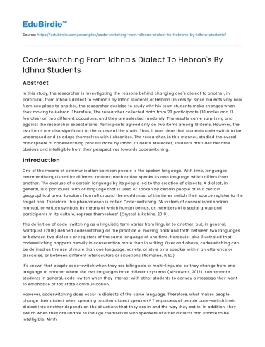 Code-switching From Idhna’s Dialect To Hebron’s By Idhna Students