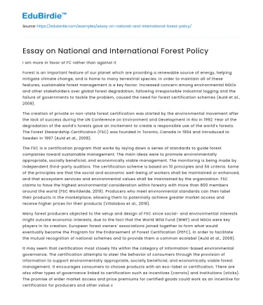 Essay on National and International Forest Policy