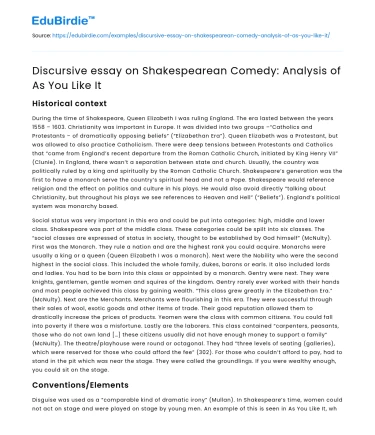 Discursive essay on Shakespearean Comedy: Analysis of As You Like It