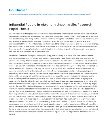 Influential People in Abraham Lincoln’s Life: Research Paper Thesis