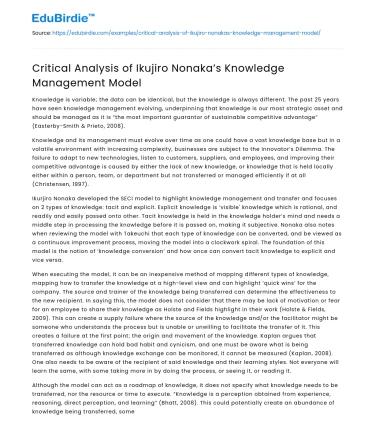 Critical Analysis of Ikujiro Nonaka’s Knowledge Management Model