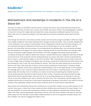 Mistreatment And Hardships In Incidents in The Life of a Slave Girl