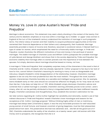 Money Vs. Love in Jane Austen’s Novel ‘Pride and Prejudice’