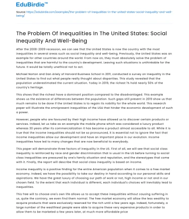 Inequalities in the US: Social Inequality & Well-Being