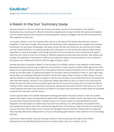 A Raisin in the Sun’ Summary Essay