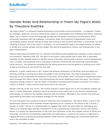 Gender Roles And Relationship In Poem My Papa’s Waltz By Theodore Roethke