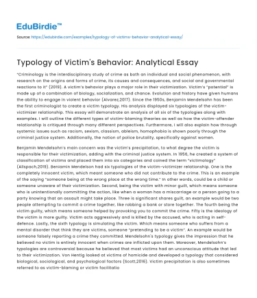 Typology of Victim’s Behavior: Analytical Essay