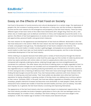 Essay on the Effects of Fast Food on Society
