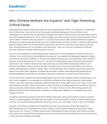Why Chinese Mothers Are Superior’ and Tiger Parenting: Critical Essay