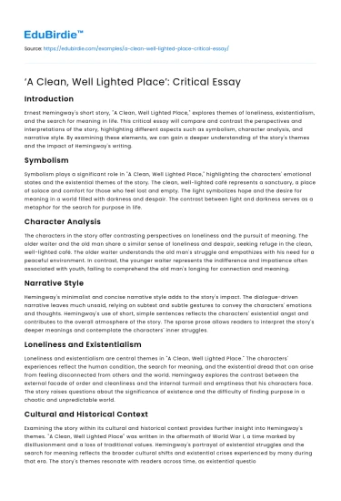 ‘A Clean, Well Lighted Place’: Critical Essay