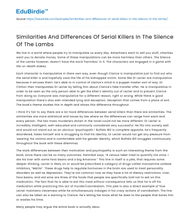 Similarities And Differences Of Serial Killers In The Silence Of The Lambs