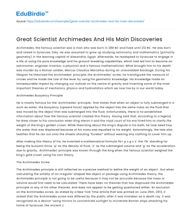 Great Scientist Archimedes And His Main Discoveries