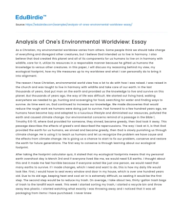 Analysis of One’s Environmental Worldview: Essay