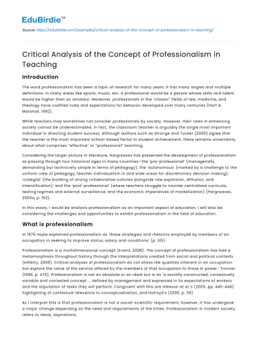 Critical Analysis of the Concept of Professionalism in Teaching