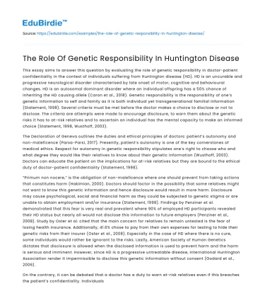 The Role Of Genetic Responsibility In Huntington Disease