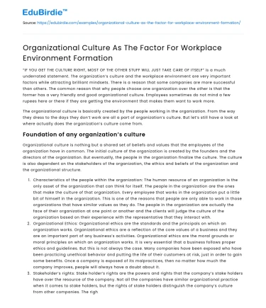 Organizational Culture As The Factor For Workplace Environment Formation
