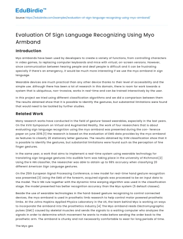 Evaluation Of Sign Language Recognizing Using Myo Armband