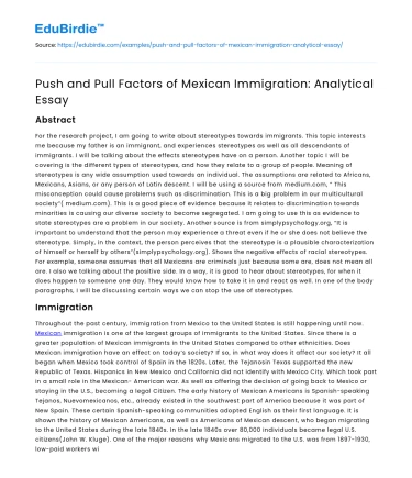 Push and Pull Factors of Mexican Immigration: Analytical Essay