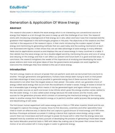 Generation & Application Of Wave Energy