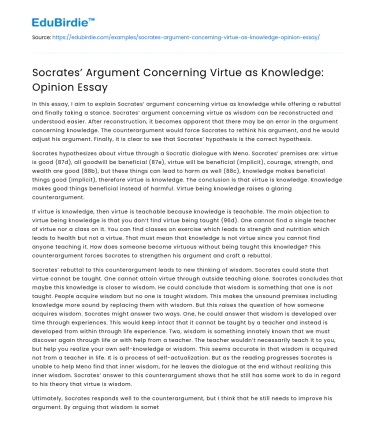 Socrates’ Argument Concerning Virtue as Knowledge: Opinion Essay