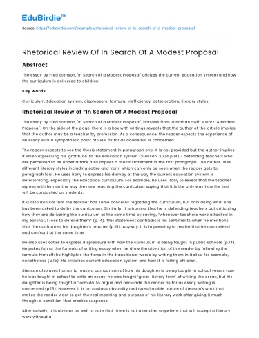 Rhetorical Review Of In Search Of A Modest Proposal