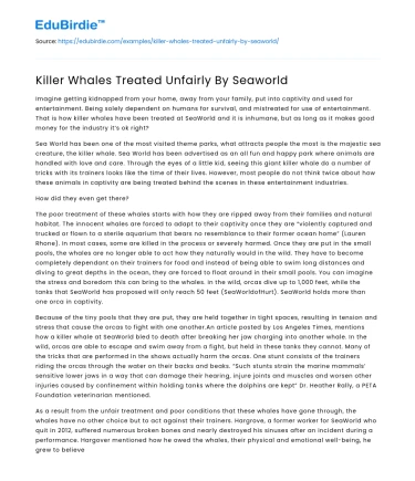 Killer Whales Treated Unfairly By Seaworld