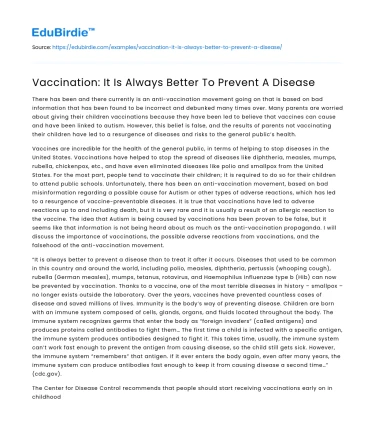 Vaccination: It Is Always Better To Prevent A Disease