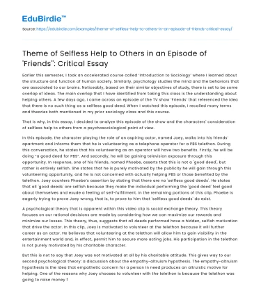 Theme of Selfless Help to Others in an Episode of ‘Friends”
