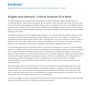 Angels and Demons’: Critical Analysis Of a Book